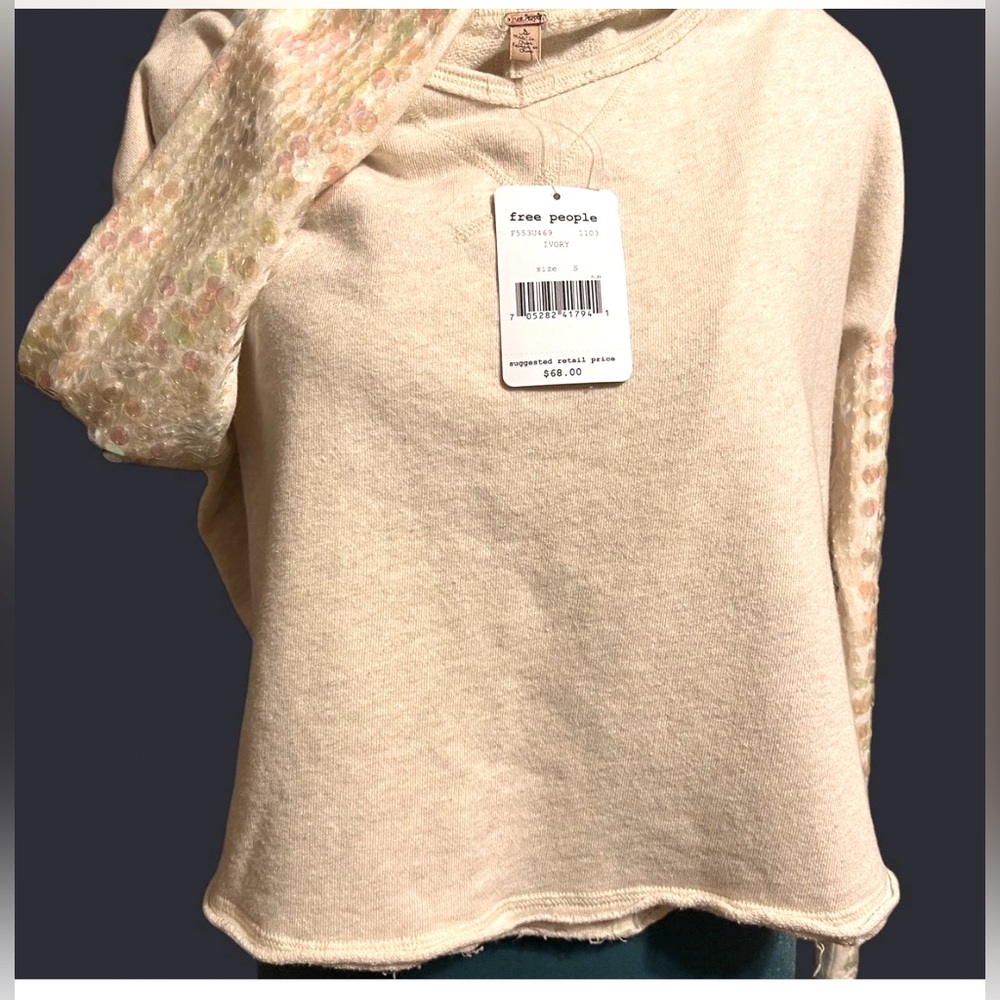 Free People Ivory Knit Top with beautiful Mermaid Sequins on Sleeves